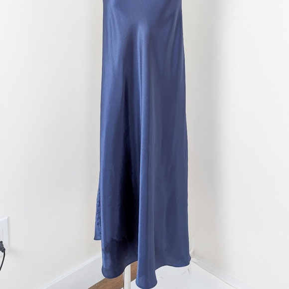 90s Navy Maxi Satin Slip Cowl Neckline Spaghetti Straps Floor Length Open Back - Picture 4 of 14